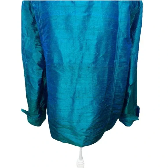 VTG ANU by Natural Silk Jacket XL Teal Blue Iridescent Shantung Top Art To Wear - Picture 9 of 11